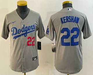 Youth Los Angeles Dodgers #22 Clayton Kershaw Number Gray Stitched Cool Base Nike Jersey->mlb youth jerseys->MLB Jersey